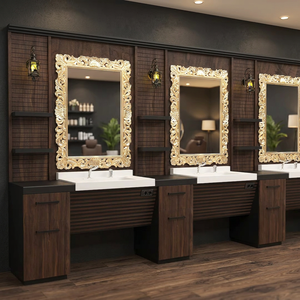 Modern Wood <b>Salon</b> <b>Mirror</b> Station with Gold Frame and Adjustable Multiple <b>Storage</b> Space for Barber Shop Bathroom Furniture - Product Image 3