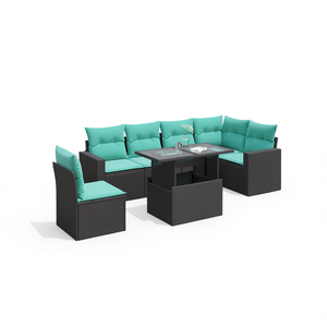 ชุดโซฟาลานบ้านหวายโพลีสีดำ 7 ชิ้นพร้อมเบาะรองนั่ง เฟอร์นิเจอร์กลางแจ้ง ดีไซน์ร่วมสมัย - Product Image 1