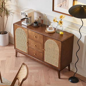 Buffet de cuisine et salle à manger en bois massif et rotin tressé, style moderne du milieu du siècle, avec 3 tiroirs de rangement, personnalisable, Russie, États-Unis - Product Image 2