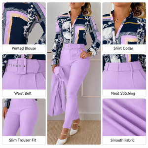 <span class=keywords><strong>Abbigliamento</strong></span> <span class=keywords><strong>Donna</strong></span> <span class=keywords><strong>Primavera</strong></span> Autunno, Completo <span class=keywords><strong>Casual</strong></span> Elegante da Ufficio, Camicia a Maniche Lunghe Stampata e Pantaloni, Set Due Pezzi per Signore - Product Image 2