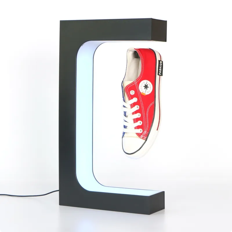 E şekli tabanı manyetik levitasyonunun yüzen ayakkabı ekran standı malzeme akrilik led ışıkları