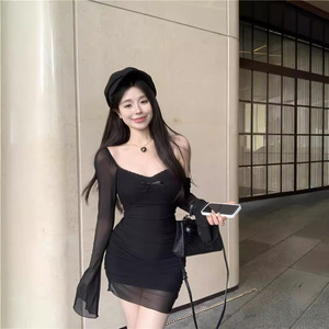 Sexy Mesh Long Sleeve Dress V-neck Sheath Bodycon Short Dress Natural Waist Pleated Solid Color Women Autumn Style - Product Image 1