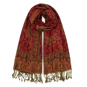 Luxury New Design Double Sided Red Shawl With Tassels Women Headscarf Paisley Jacquard Hijab Scarf