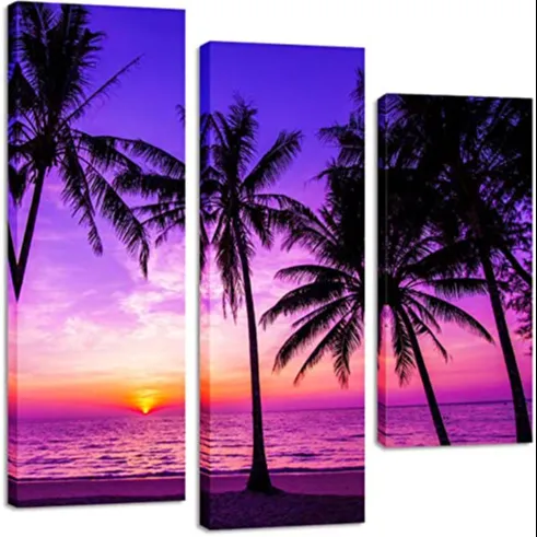 4 панели тропические пальмы фиолетовый закат на океане пляж Природа настенная Картина на холсте с рамкой