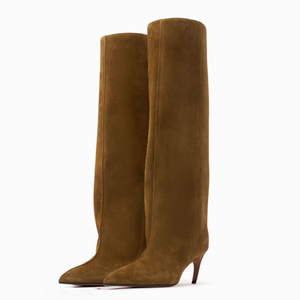 Women Suede Long <b>Boots</b> Hook High Heels Pointed Toe Leopard Print Knee High Booties Top Wide on Shoes - Product Image 2