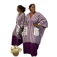 Nouvelle Robe Décontractée Femme 2026 Africaine à Rayures Violettes et Blanches, Col en V, Manches Chauve-Souris, Coupe Ample, avec Dentelle et Poches