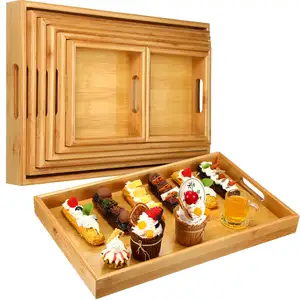 Hot sale Bamboo Nested Serving Trays Multi Size Rectangular Shape Wood Trays Serving Trays with Handle for Serving Pastries