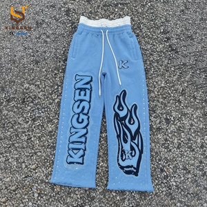 Customized OEM Rhinestone Diamond Flame Graffiti Zip Up Hooded Sweatsuit Contrast Waistband Wide Leg Mens <b>Tracksuit</b> Set - Product Image 3