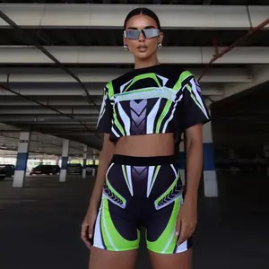 2024 Summer Women's New Fashion Trend Printed Short sleeved Top Tight Shorts Two piece Set