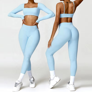 Vêtements de sport pour femmes, sans couture, doux, à séchage rapide, extensibles dans 4 directions, ensemble de leggings de yoga deux pièces - Product Image 1