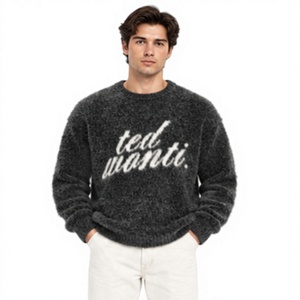 Pull en mohair unisexe coupe oversize, en laine brossée rayée, avec logo personnalisé, conception OEM/ODM, tricoté à la main, col rond, duveteux, pour l'hiver - Product Image 1