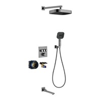 Ensemble de douche thermostatique moderne en cuivre encastré avec commande par bouton-poussoir, pommeau de douche carré à jets pulvérisés/massage/pluie, fixation murale