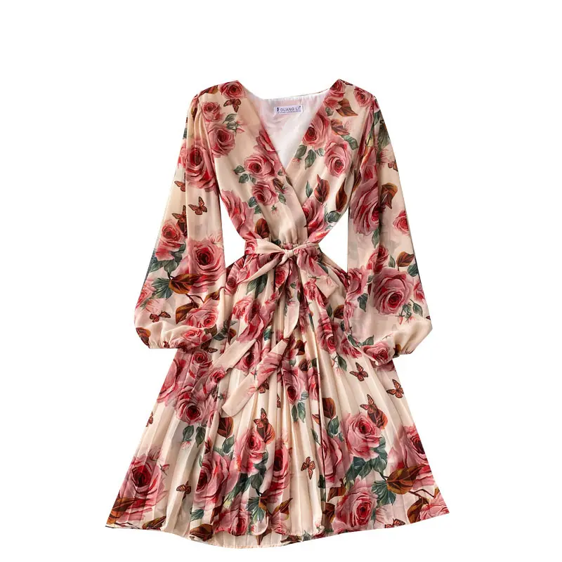 French Romantic V neck Waist retraction belted ruffle dress sweet pleated dress womens floral dress