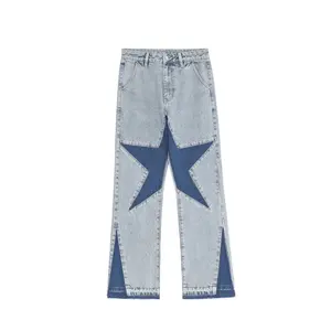 Custom high quality mens star contrast color oversize flared denim pants vintage wash patch applique embroidery jeans