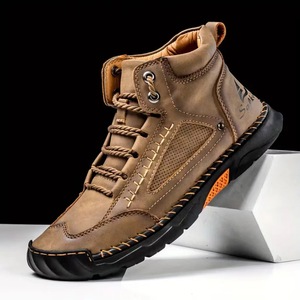 Large Size Men's PU Leather <b>Ankle</b> Boots Handmade Stitched Flat Lace-Up Casual Shoes for Men - Product Image 3
