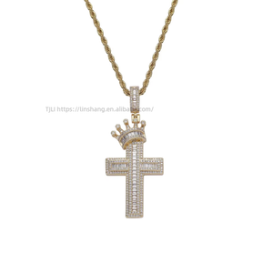 Copper inlaid zircon crown <b>cross</b> pendant, hip hop <b>cross</b>-border trend, small hat <b>cross</b> pendant <b>chain</b>. - Product Image 4