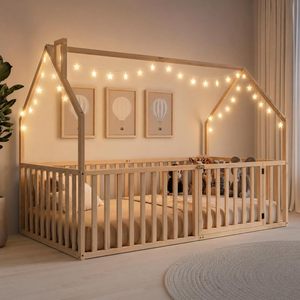 Cama Montessori de suelo con puerta para niños, tamaño individual, 100% madera de pino, con cerramiento de seguridad para niños mayores de 5 años - Product Image 1
