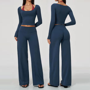 Women's 2 Piece Knitted Casual Set Sleeveless Short <b>Top</b> Wide Leg Pants Striped Breathable Spring/Summer Regular Fit Polyester - Product Image 1