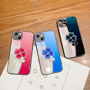 Casing untuk Apple iPhone 14 Pro 13 12 11 Pro Max X XS XR XS Max SE 6 7 8 Plus Casing Tempered Glass Lucky Clover Deluxe Casing Ponsel