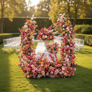 Décoration de fête en plein air, arrangements de fleurs rose vif, bouquet de fleurs artificielles, centre de table, guirlande de fleurs orange, arche de toile de fond - Product Image 1