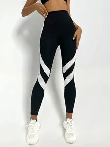 Leggings de Yoga de Cintura Alta con Bloques de Color, Largos, Elásticos en Cuatro Direcciones, con Franja Lateral, Pantalones Deportivos para Mujer - Product Image 2