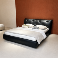 Cadre de lit en cuir véritable noir, taille King Queen, tête de lit capitonnée moderne, lit plateforme rembourré pour chambre à coucher, hôtel, appartement