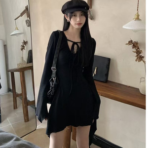 Women's Black Long Sleeve Fitted Waist Dress Criss Cross Neckline Asymmetrical Hem Daily Casual Wear - Product Image 3
