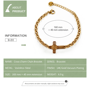<b>Cross</b> Charm Chain <b>Bracelet</b>, Stainless Steel, Gold and <b>Silver</b> Color Options, Gold Variant 14K Gold Vacuum Plated - Product Image 2