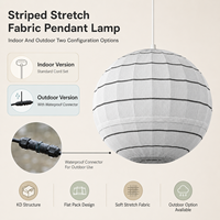 Lampe suspendue globe en tissu rayé blanc avec connecteur étanche, structure KD, luminaire suspendu pour patio, balcon, salle à manger extérieure