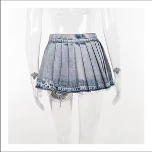 กระโปรงผ้ายีนส์สำหรับผู้หญิงกระโปรงสั้นย้อนยุคสุดเซ็กซี่สำหรับฤดูร้อนกระโปรงยีนส์ขนาดเล็กมีพู่สีจาง100% - Product Image 6