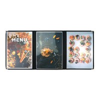 Piring Menu A4 kulit PU dan tempat kartu bisnis dengan cangkang transparan dan Logo timbul masukkan gaya buku resep Loose-leaf