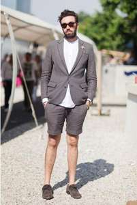 Completo Estivo in <span class=keywords><strong>Lino</strong></span> Grigio con Pantaloncini <span class=keywords><strong>per</strong></span> <span class=keywords><strong>Uomo</strong></span>, 2 Pezzi, Ultimi Modelli <span class=keywords><strong>di</strong></span> Giacca e Pantalone, Blazer da Sposo - Product Image 2