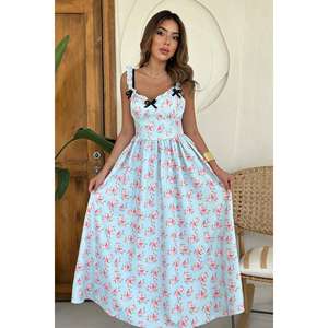 Elegante Vestido Floral Azul Cielo con Tirantes Finos, Corte en A, Cintura Elástica, Tejido Transpirable, para Uso Diario Informal - Product Image 3