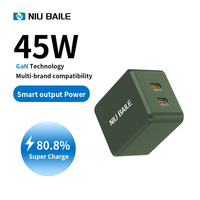 NIUBAILE Chargeur rapide universel 45W, double port Type-C, design pliable, matériau PC ignifuge, compatible PD 2.0 FCP, sortie maximale 30W
