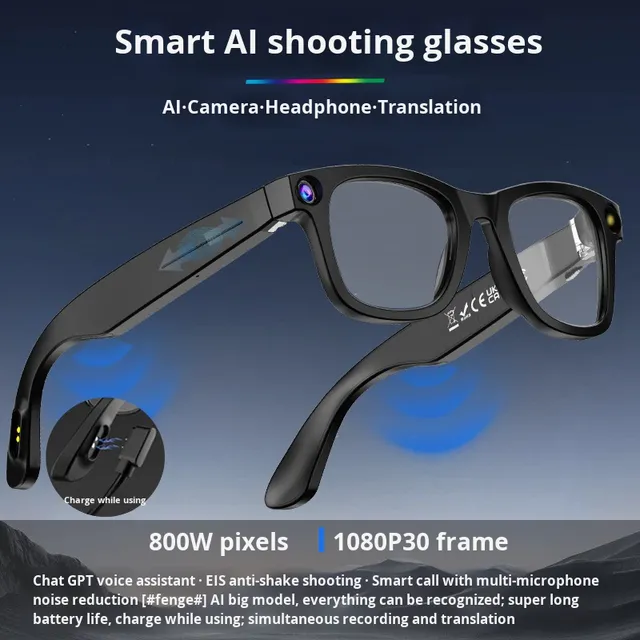 AI Smart Glasses Camera 8 Mega pixel Photo Video Call Translation Q&A TR90 Frame 220mAh Battery Magnetic Charging Wearable