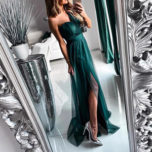 Vestido de noche largo de un solo hombro con corte imperio, abertura y capa transparente, color liso, para eventos formales - Product Image 4