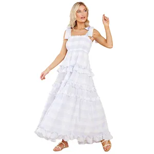 Kravat sapanlar büzgülü en lavanta ve beyaz şemsiye Tartan ekose onay Maxi uzun elbise