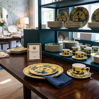 Service de table vintage en porcelaine fine Chinoiserie jaune sauge, assiette de présentation rétro à motif floral, tasse à café et bol en céramique pour hôtel