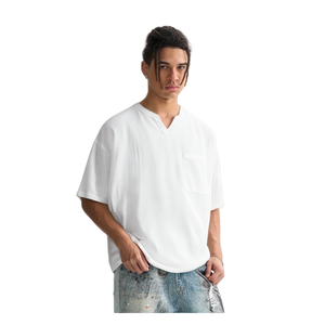 Blanc blanc poche col en v t-shirts hommes goutte épaule surdimensionné lâche respirant haute qualité hommes t-shirt - Product Image 2