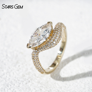 Bague de fiançailles Starsgem 2.1CTW en or massif 10K, diamant de laboratoire taille marquise DEF VS, solitaire avec bande demi-pavé - Product Image 2