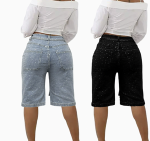 Peeqi D8739 Nuovi Shorts in <span class=keywords><strong>Jeans</strong></span> Estivi all'Ingrosso, Shorts in Denim Vintage con Strass, <span class=keywords><strong>Taglie</strong></span> Grandi per Abbigliamento Femminile - Product Image 2