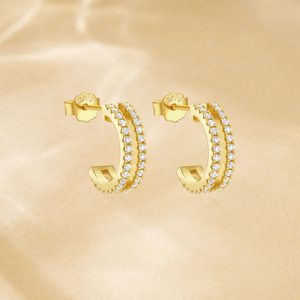 Pendientes de Plata S925 Chapados en Oro con Zirconia en Forma de C, Estilo Básico para Mujer - Product Image 3