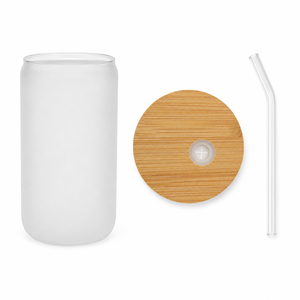 Vaso de vidrio esmerilado con forma de lata de 16 oz, con tapa de bambú y pajita, para suministros de cafeterías, en blanco para grabado láser, stock local en EE. UU. - Product Image 5