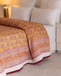 Indian Hand Block Print Amber Yellow Cotton Quilt Floral Bedspread Queen Size <b>Comforter</b> Summer Blanket - Product Image 4