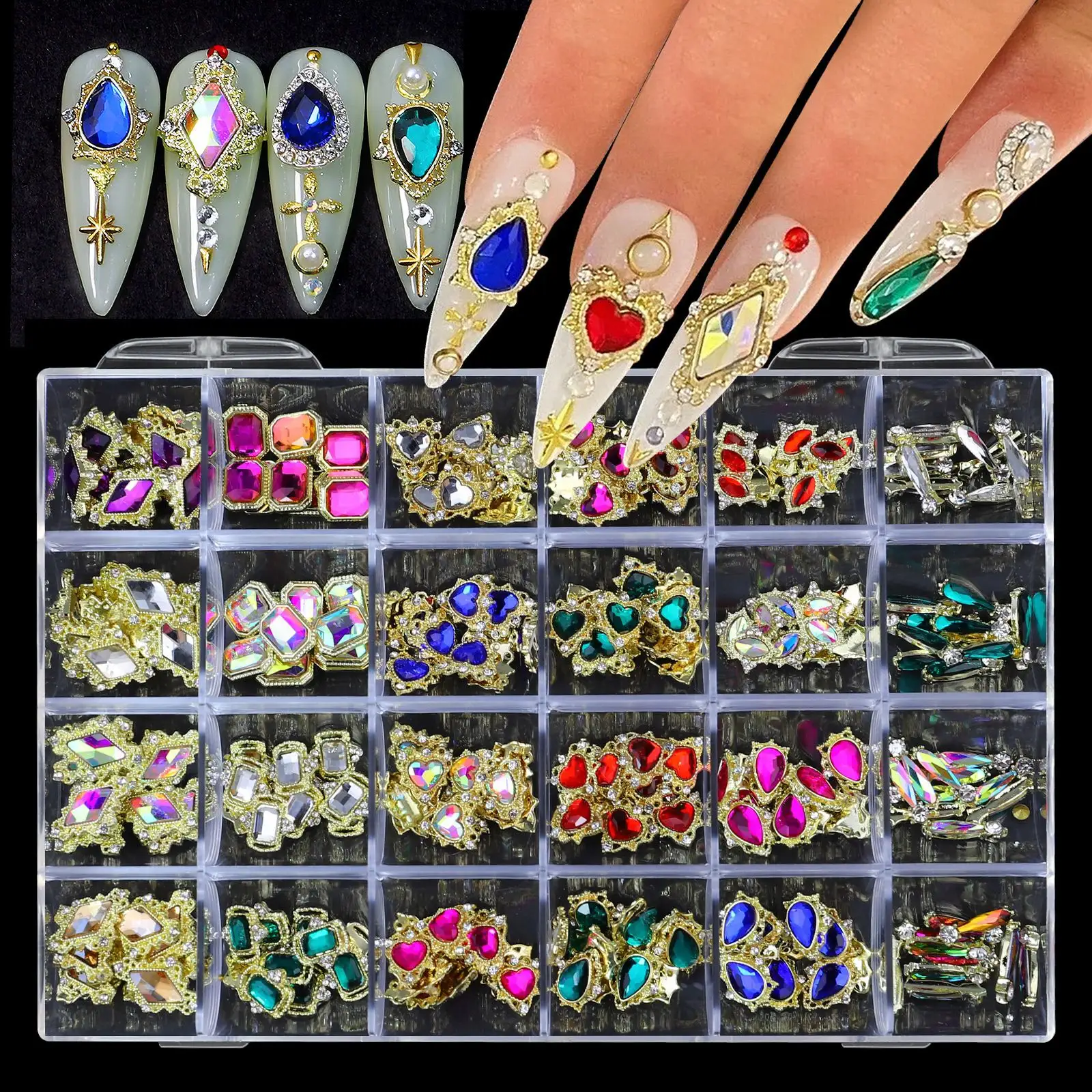 OEM 24 Grids Metal Alloy Nail Art Rhinestone Charms Luxury 3D Nail Art Jewelry Zircon Decoration Designer Nail Charms
