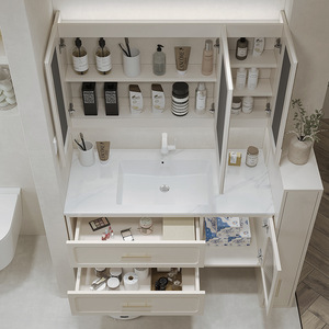Cream bathroom sink cabinet defogged rock integrated basin wood vanity with multi-layer storage drawers - Product Image 3