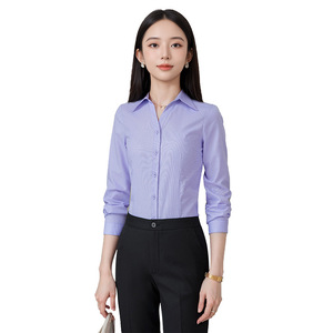 Women's Long Sleeve Shirt Light Blue Solid Color No-Wrinkle Polyester Workwear Comfortable Office Uniform - Product Image 5