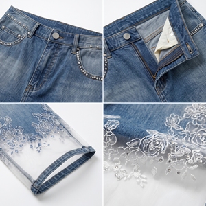 Anjie – Nouveauté : Jean en denim de créateur à jambe large pour femme, avec strass, broderie en maille transparente, personnalisable (OEM/ODM), marque privée, vente en gros - Product Image 2