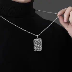 Wholesale Punk Cubic Carved Dragon Square Necklace Vintage Antique Silver Plated Alloy Dragon Necklaces For Men Women Couples