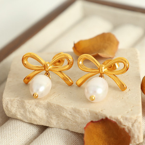 Bowknot <b>Stud</b> <b>Earrings</b> Gold Plated Pearl Drop Women's Everyday Wear - Product Image 2